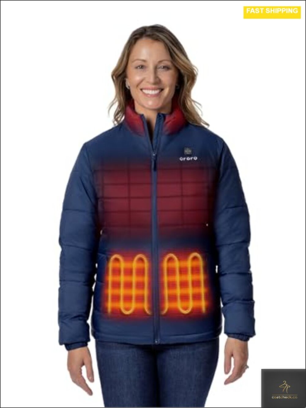 Women's Heated Puffer Jacket with Battery, 4 Heating Zones, Polyester/Nylon